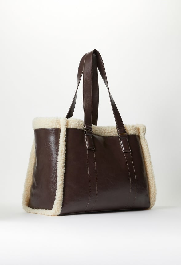 Shearling Trimmed Tote Bag Brown