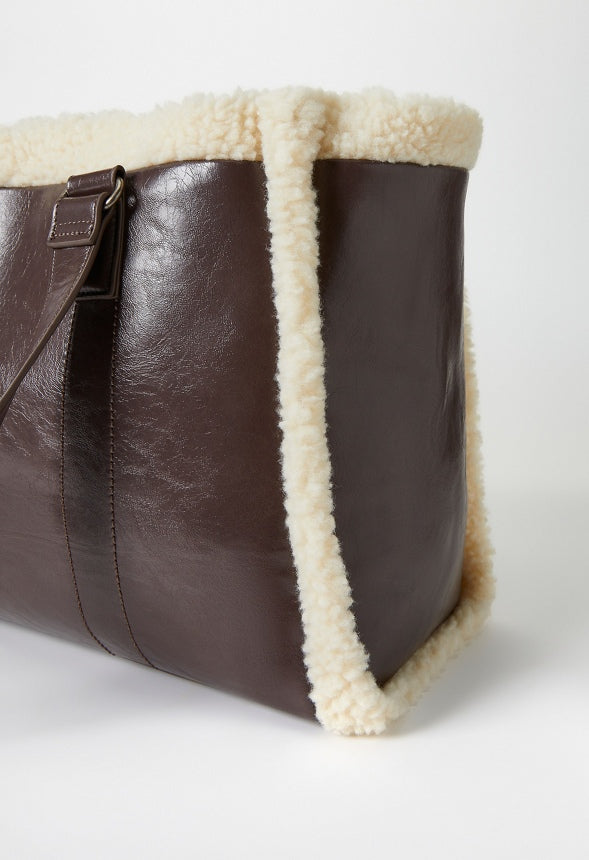 Shearling Trimmed Tote Bag Brown