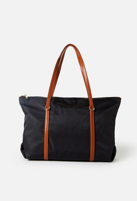Nylon Tote Black/ Leather Brown