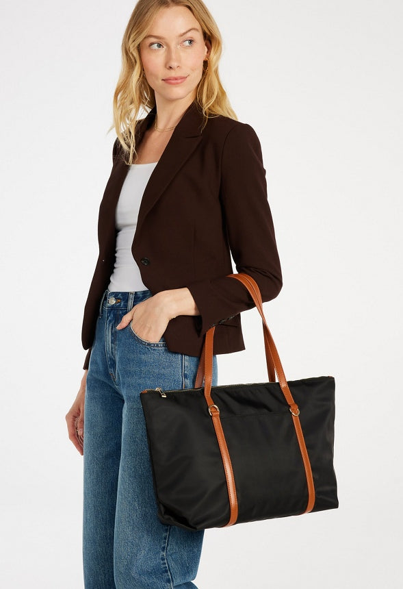 Nylon Tote Black/ Leather Brown