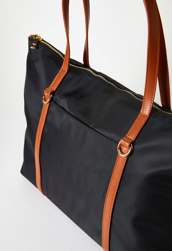 Nylon Tote Black/ Leather Brown