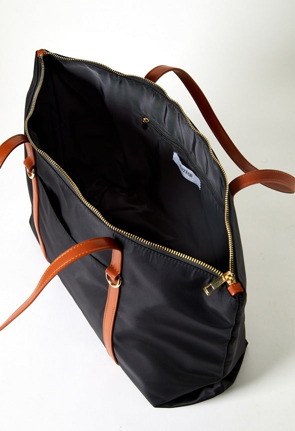 Nylon Tote Black/ Leather Brown