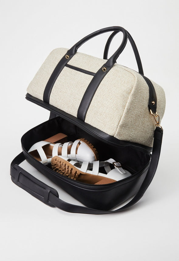 Paneled Weekender With Shoe Compartment Linen/Black
