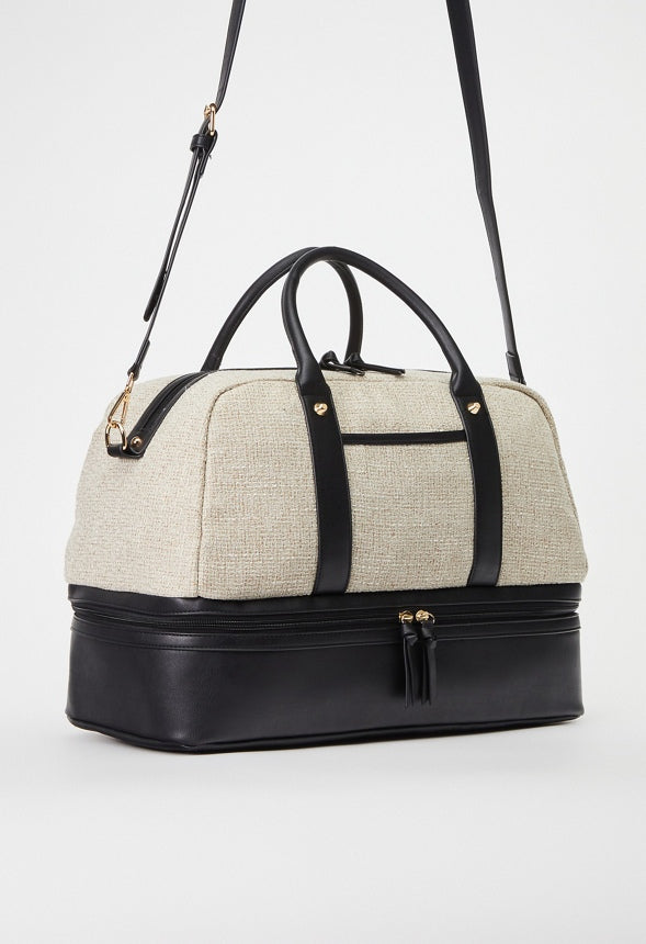 Paneled Weekender With Shoe Compartment Linen/Black