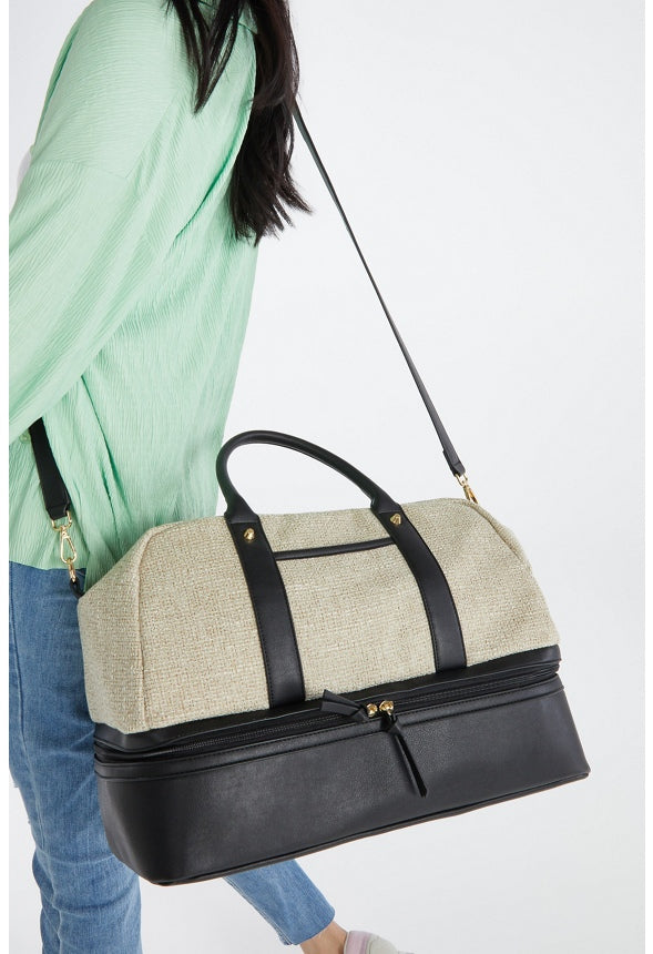 Paneled Weekender With Shoe Compartment Linen/Black