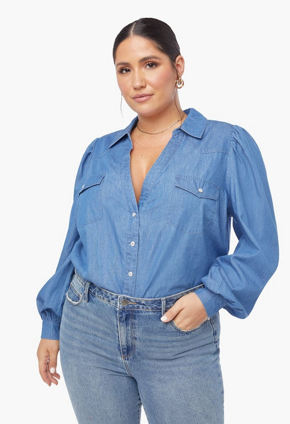 Plus Size Balloon Sleeve Chambray Shirt Medium Wash