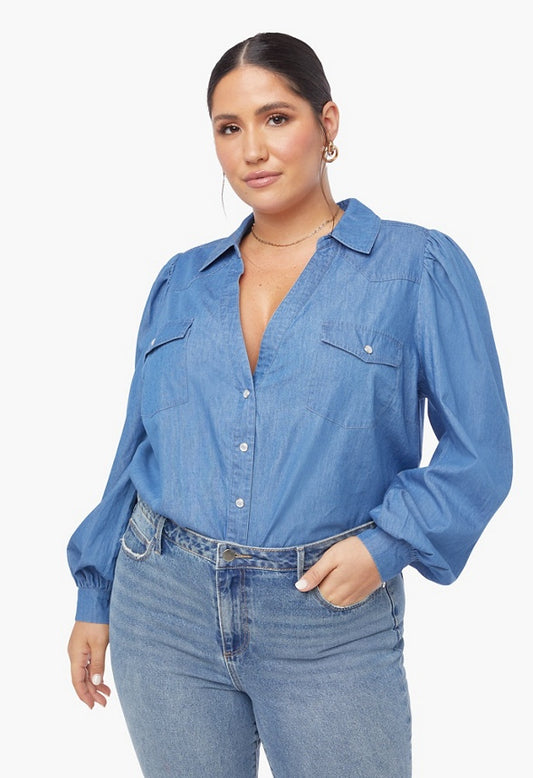 Plus Size Balloon Sleeve Chambray Shirt Medium Wash
