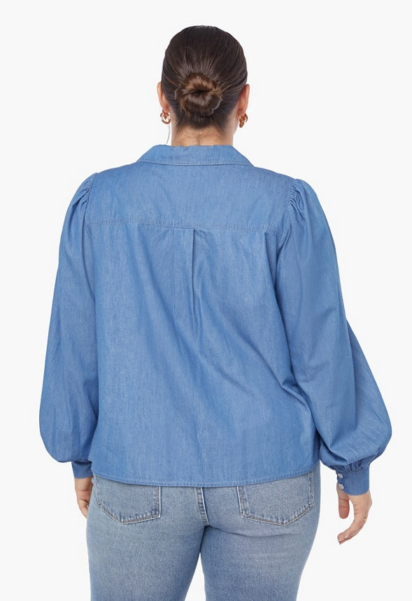 Plus Size Balloon Sleeve Chambray Shirt Medium Wash