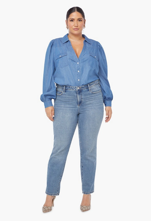 Plus Size Balloon Sleeve Chambray Shirt Medium Wash