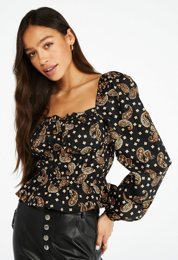 Smocking Poplin Top Caviar Multi-Paisley