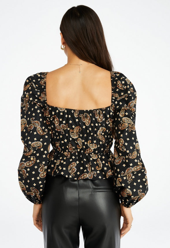 Smocking Poplin Top Caviar Multi-Paisley
