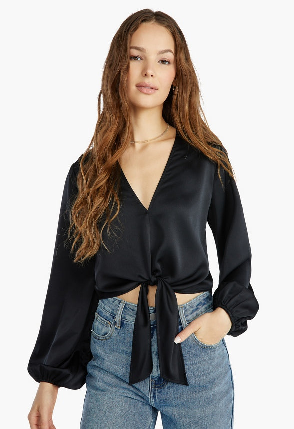 FRONT TIE BLOUSON SLEEVE BLOUSE Black
