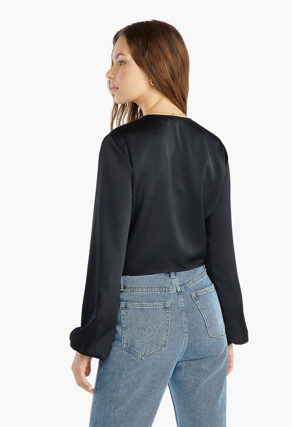 FRONT TIE BLOUSON SLEEVE BLOUSE Black