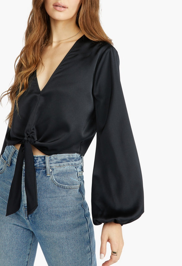 FRONT TIE BLOUSON SLEEVE BLOUSE Black