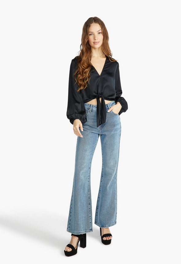 FRONT TIE BLOUSON SLEEVE BLOUSE Black