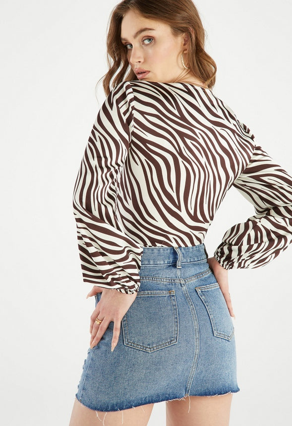 FRONT TIE BLOUSON SLEEVE BLOUSE Chocolate Plum Multi Zebra