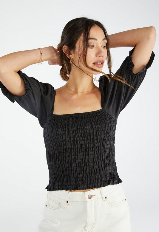 Gingham Smocking Top Black Caviar