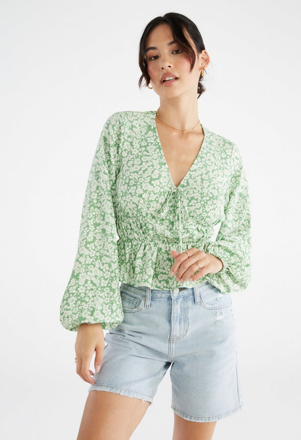Long Sleeve Printed Woven Top Stone Green Ditsy