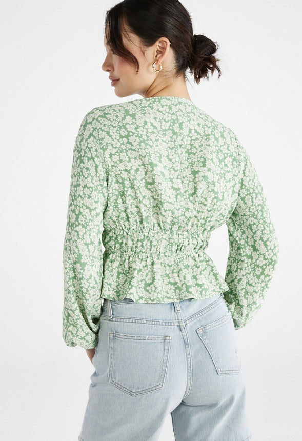 Long Sleeve Printed Woven Top Stone Green Ditsy