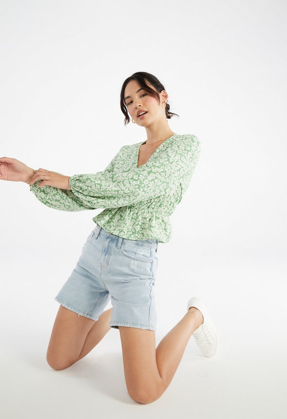 Long Sleeve Printed Woven Top Stone Green Ditsy