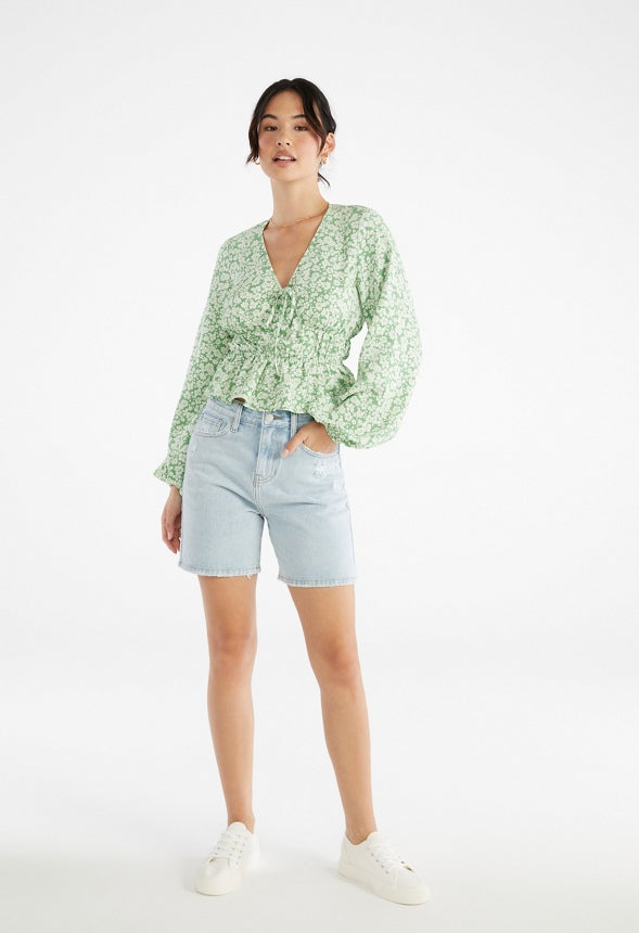 Long Sleeve Printed Woven Top Stone Green Ditsy