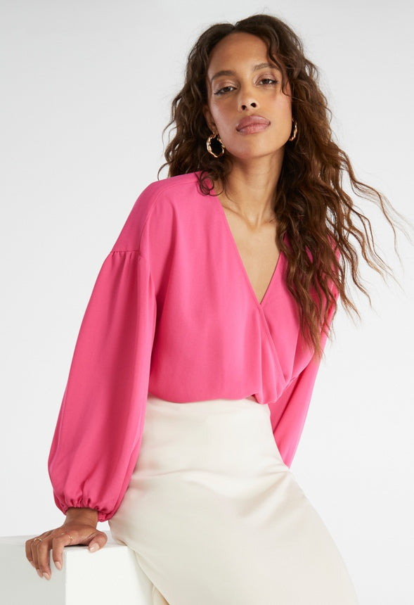 Surplice Blouson Sleeve Blouse Fuchsia