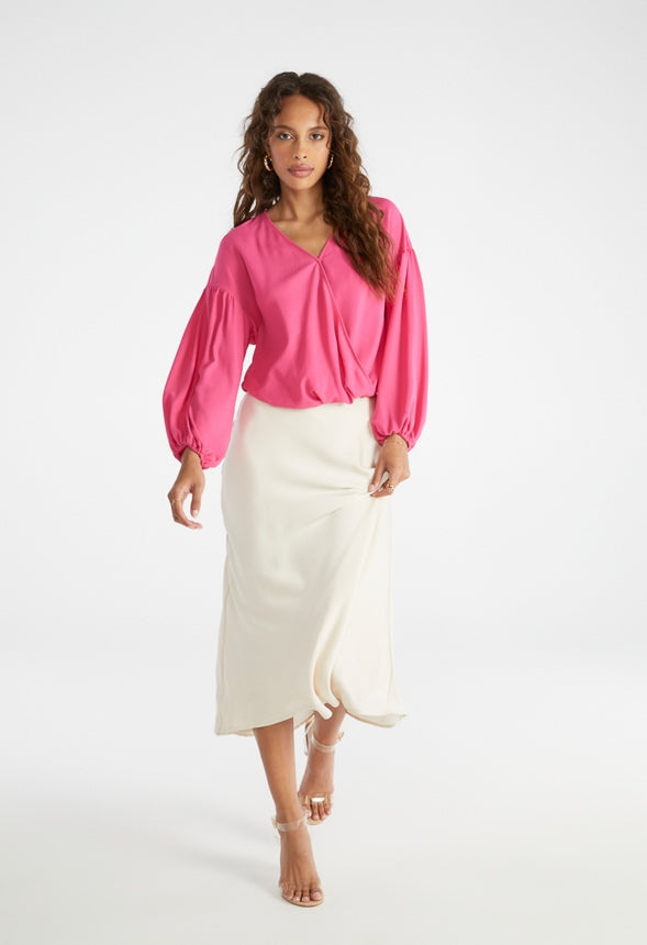 Surplice Blouson Sleeve Blouse Fuchsia