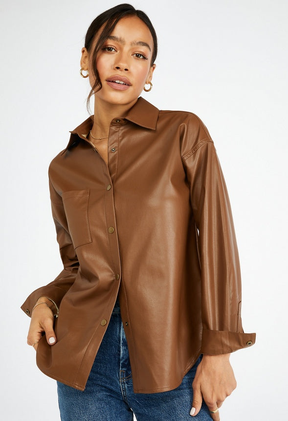 Faux Leather Men's Shirt Coffee