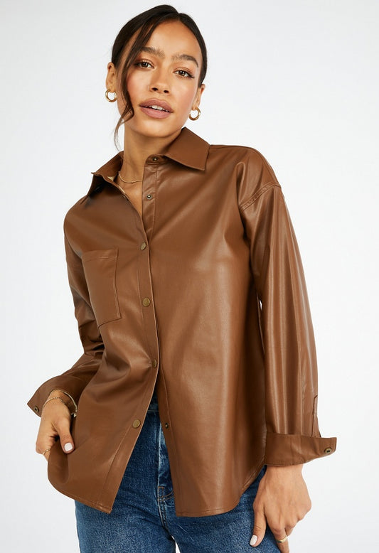 Faux Leather Men's Shirt Coffee