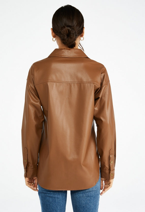 Faux Leather Men's Shirt Coffee