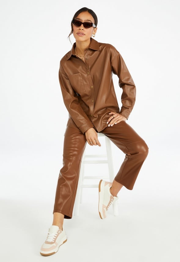 Faux Leather Men's Shirt Coffee