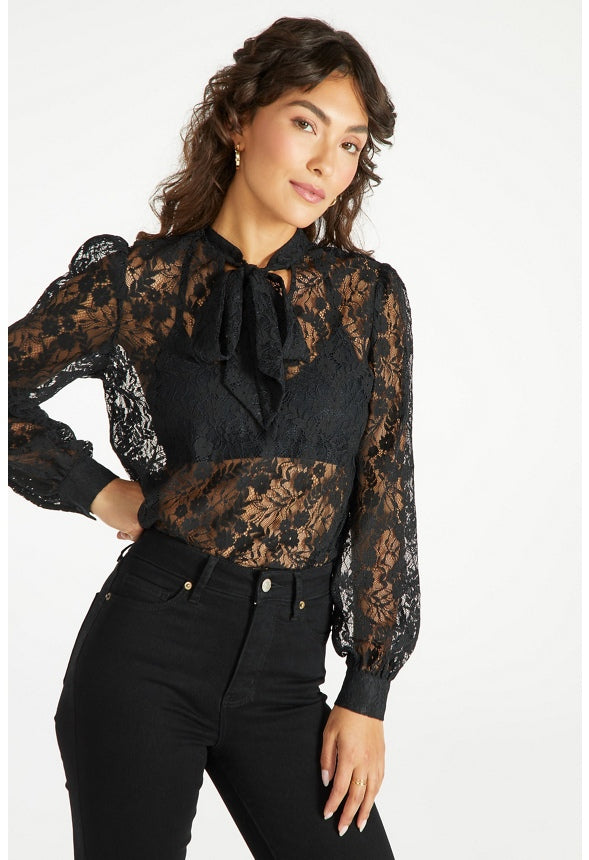 Bow Neck Lace Top Black Caviar