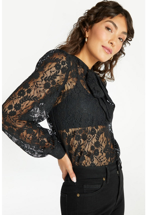 Bow Neck Lace Top Black Caviar