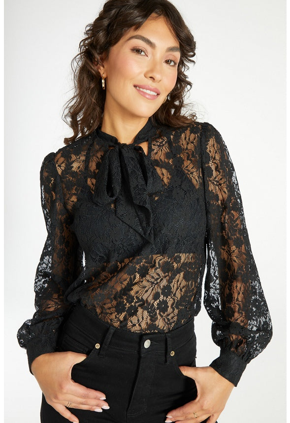 Bow Neck Lace Top Black Caviar