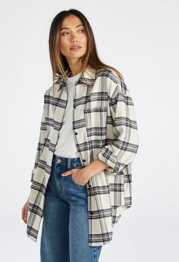 Oversized Flannel Pocket Shirt Cream Navy Plaid