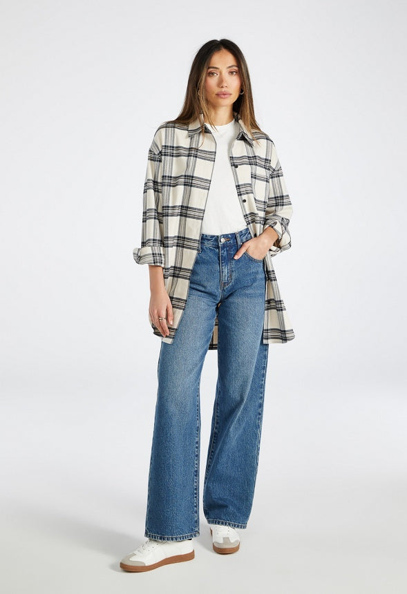 Oversized Flannel Pocket Shirt Cream Navy Plaid