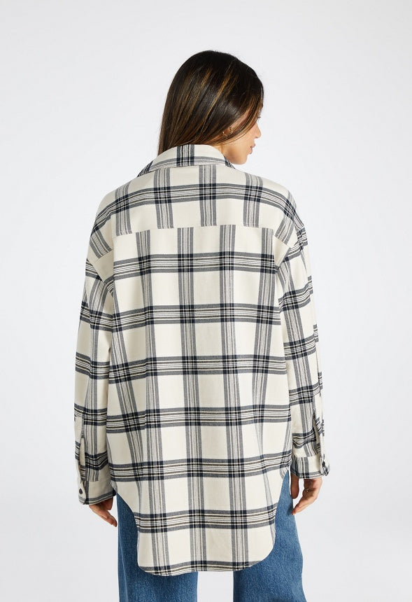 Oversized Flannel Pocket Shirt Cream Navy Plaid