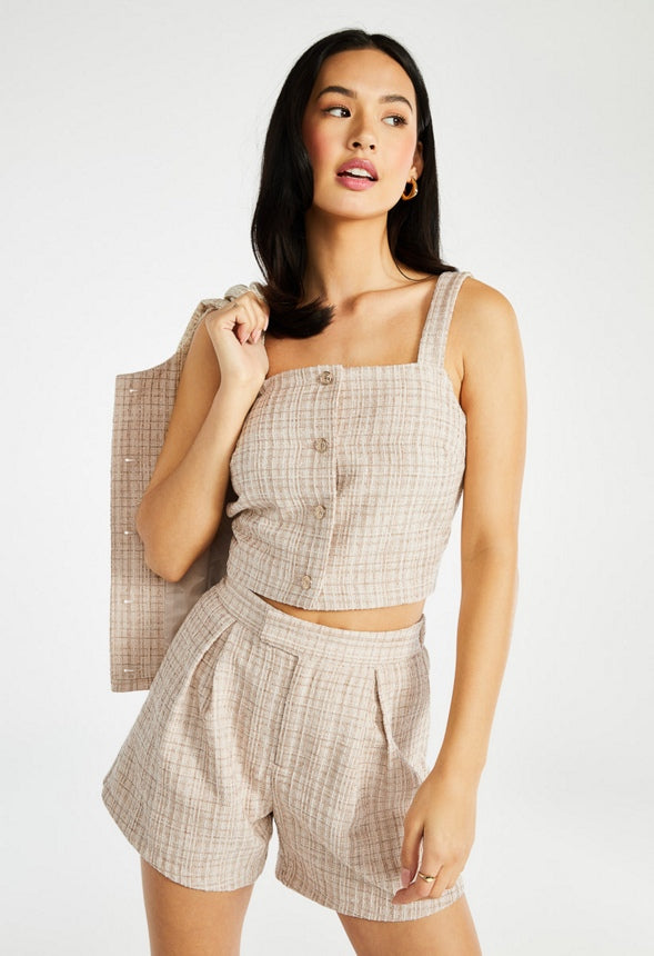 Tweed Button Front Top Beige Multi