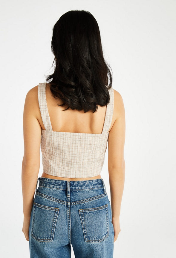 Tweed Button Front Top Beige Multi