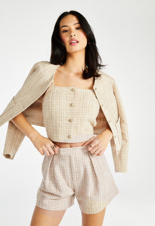 Tweed Button Front Top Beige Multi