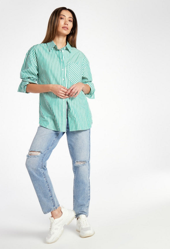 Striped Boyfriend Shirt Green/ White Stripe