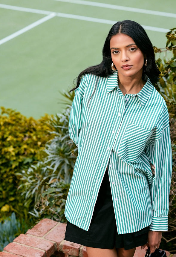 Striped Boyfriend Shirt Green/ White Stripe