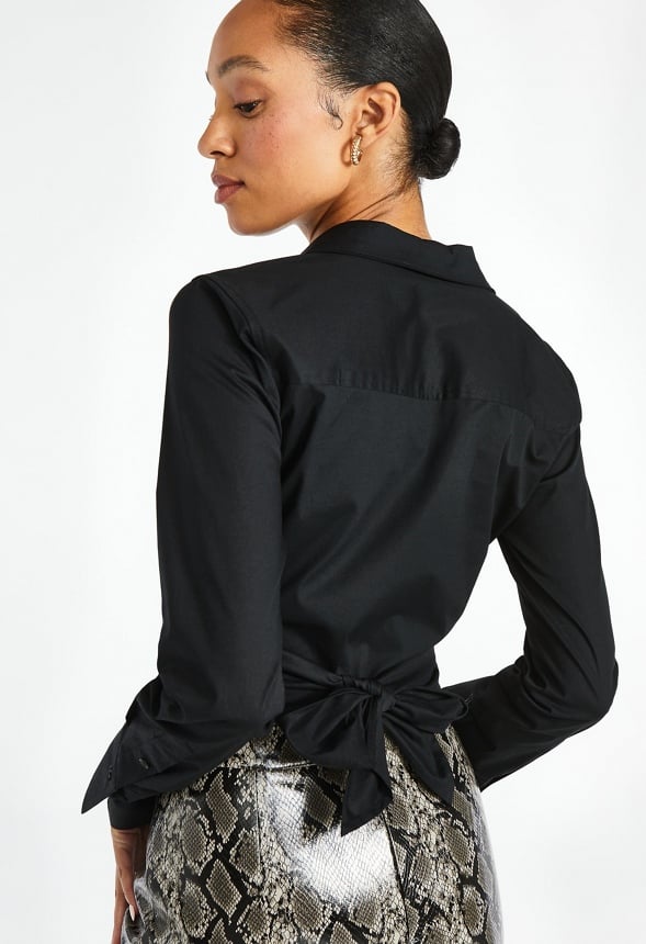 Tie Back Wrap Poplin Blouse Black Caviar