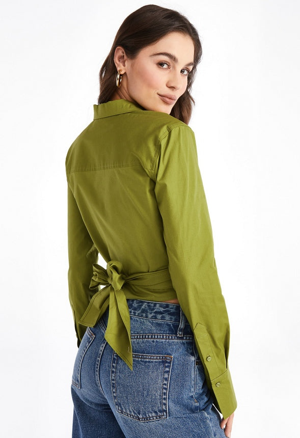 Tie Back Wrap Poplin Blouse Woodbine Green