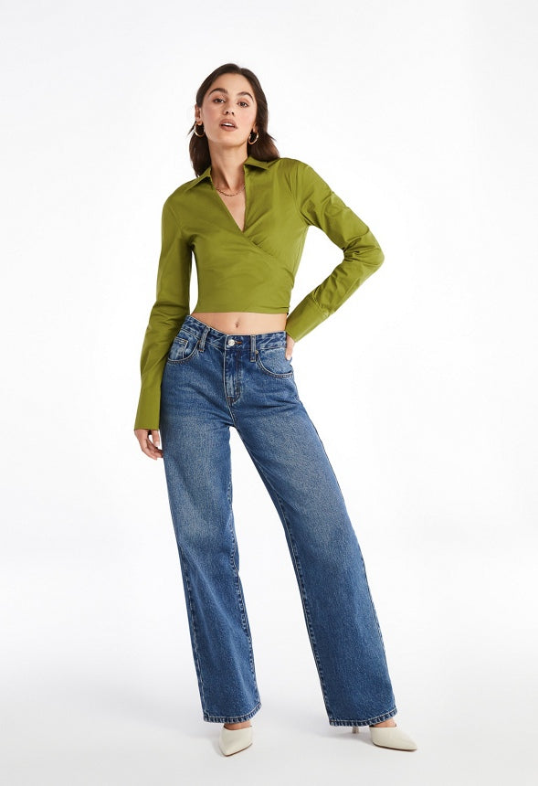 Tie Back Wrap Poplin Blouse Woodbine Green