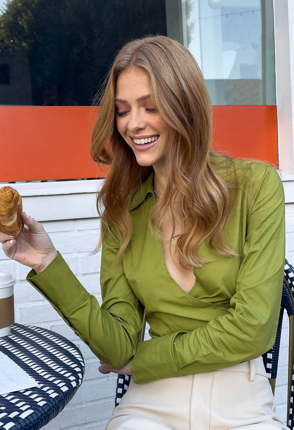Tie Back Wrap Poplin Blouse Woodbine Green