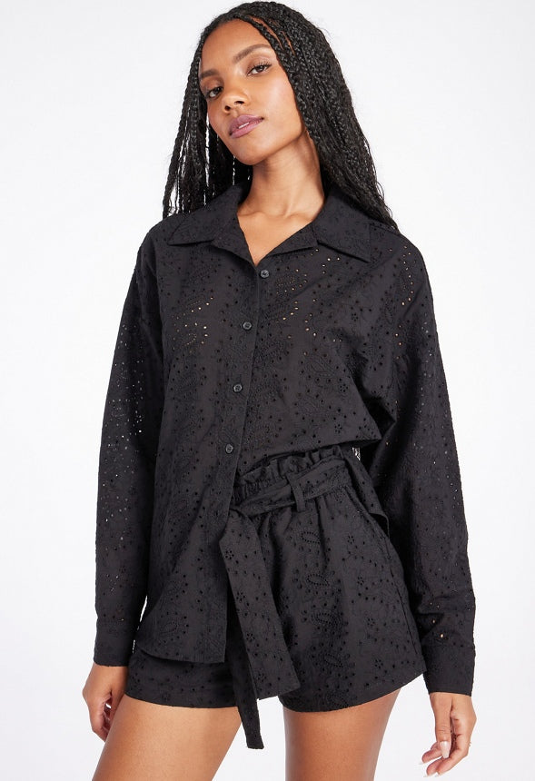 Eyelet Button Down Shirt Black Caviar