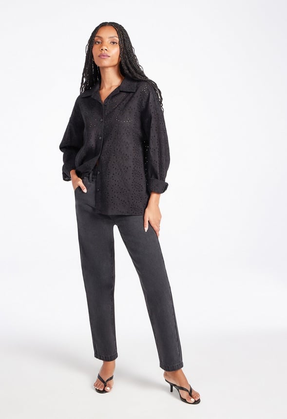 Eyelet Button Down Shirt Black Caviar