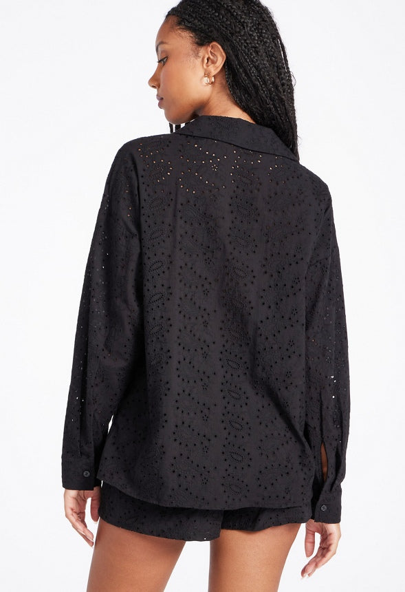 Eyelet Button Down Shirt Black Caviar