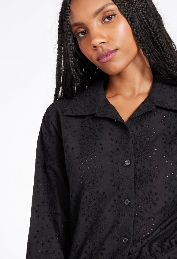 Eyelet Button Down Shirt Black Caviar
